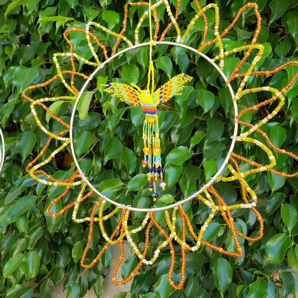 Handbeaded Sun and Hummingbird Suncatcher